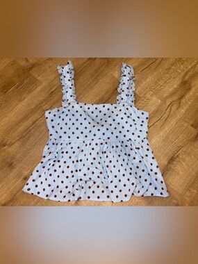 Thirty Thirty LA Polka Dot Ruffle Tank Top in Light Blue and Rust